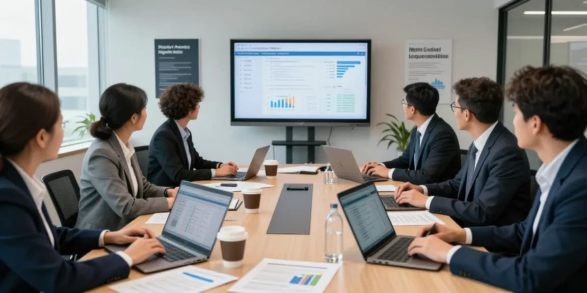 Professional auditors collaborating on forensic analysis at aafikotamedan.org, fostering teamwork and integrity in a modern office.
