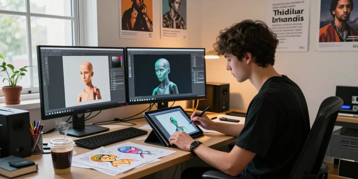 Creative workspace showcasing NSFW AI image generation with vibrant art materials and digital tools.