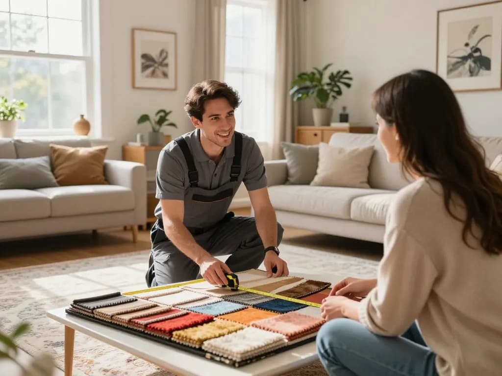 Professional carpet fitters near me consulting in a bright living room.