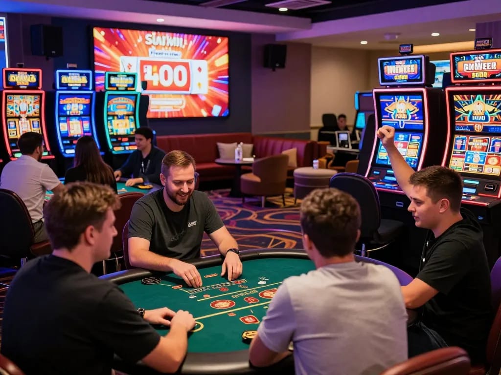Exciting gaming atmosphere at Sunwin with players enjoying various casino games and vibrant promotions.