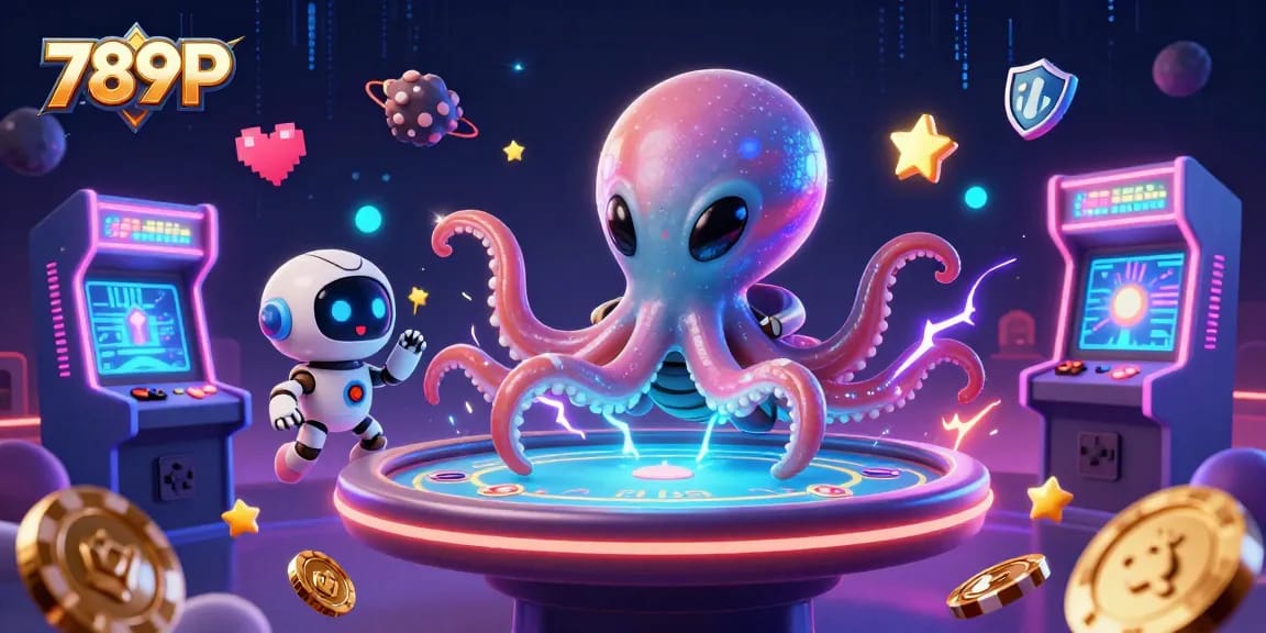 Engage in thrilling action with 789P at a holographic poker table amidst colorful casino excitement.