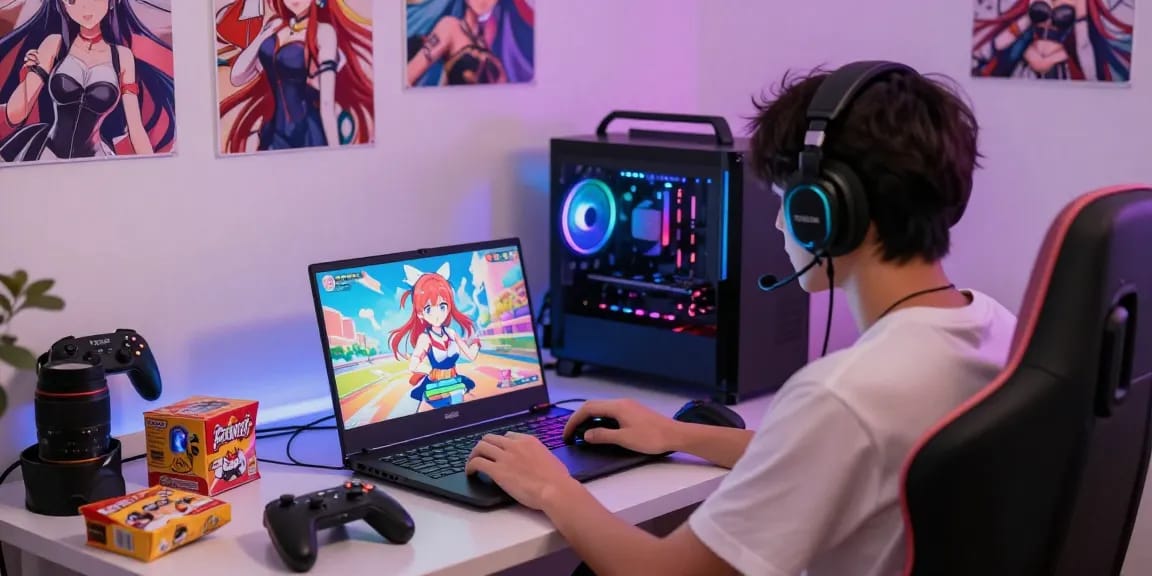 Engaging gamer playing a hentai game on a laptop with colorful RGB lighting.