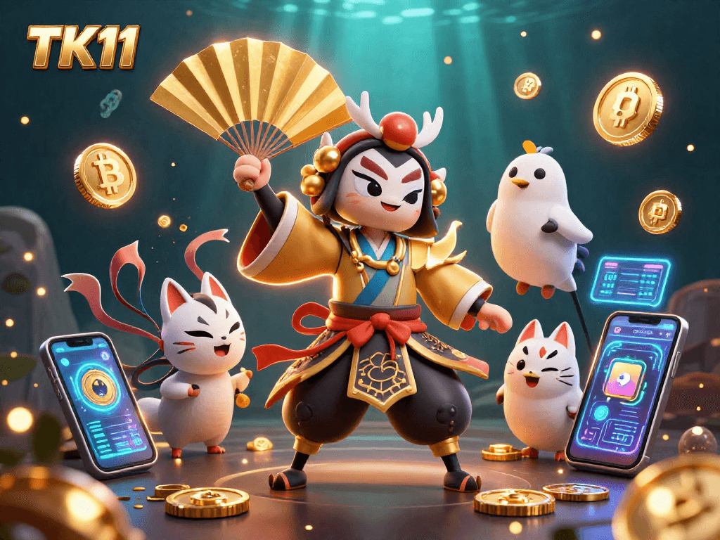 Engage with TK11's vibrant casino experience featuring a kabuki warrior and crypto elements.