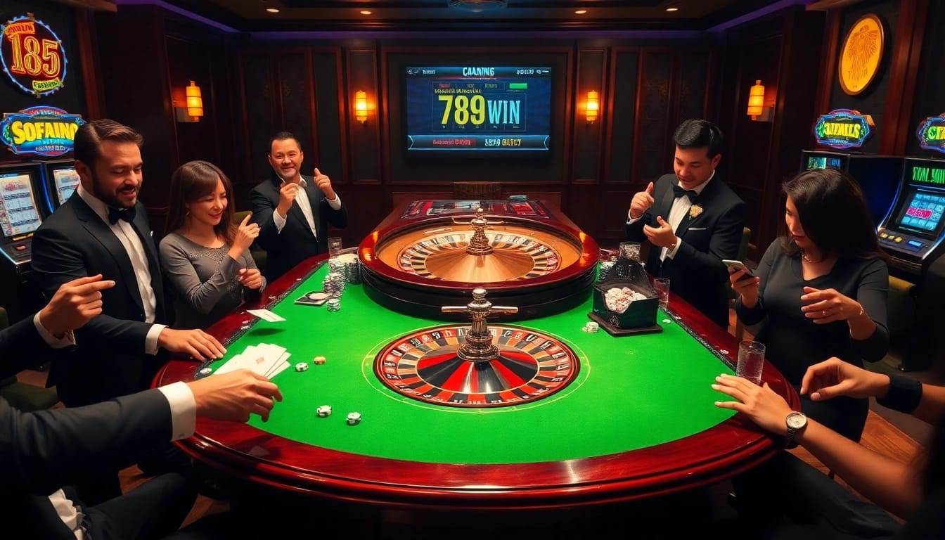 Players enjoying casino games at https://789winjj.com/, with a vibrant atmosphere and dice rolling for excitement.