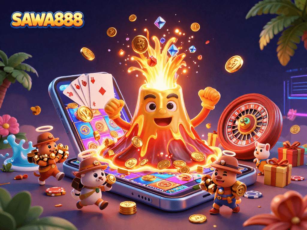 SAWA888 players experience thrilling wins with colorful slot games and golden treasures erupting.
