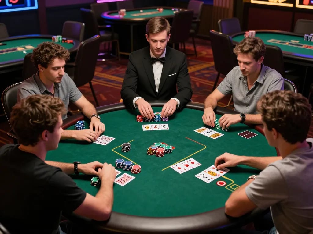 Engaged players strategizing their next move at a Bem88 poker table in a modern casino environment.