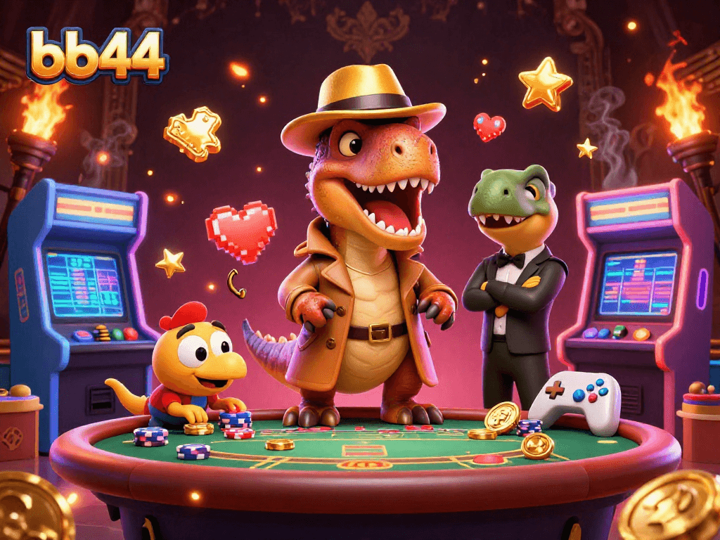 bb44 features a 3D cartoon velociraptor and stegosaurus at a blackjack table amidst vibrant casino elements.