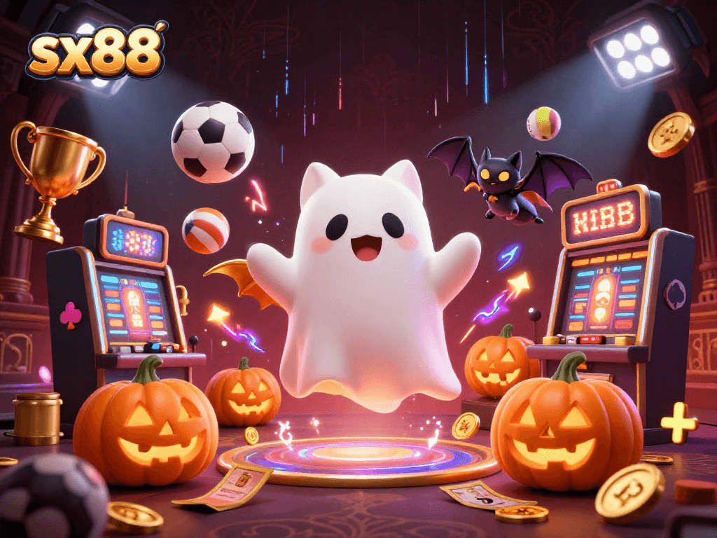 SX88 enhances gaming thrills with a ghost cat, vampire bat, and glowing jackpots in a haunted casino scene.