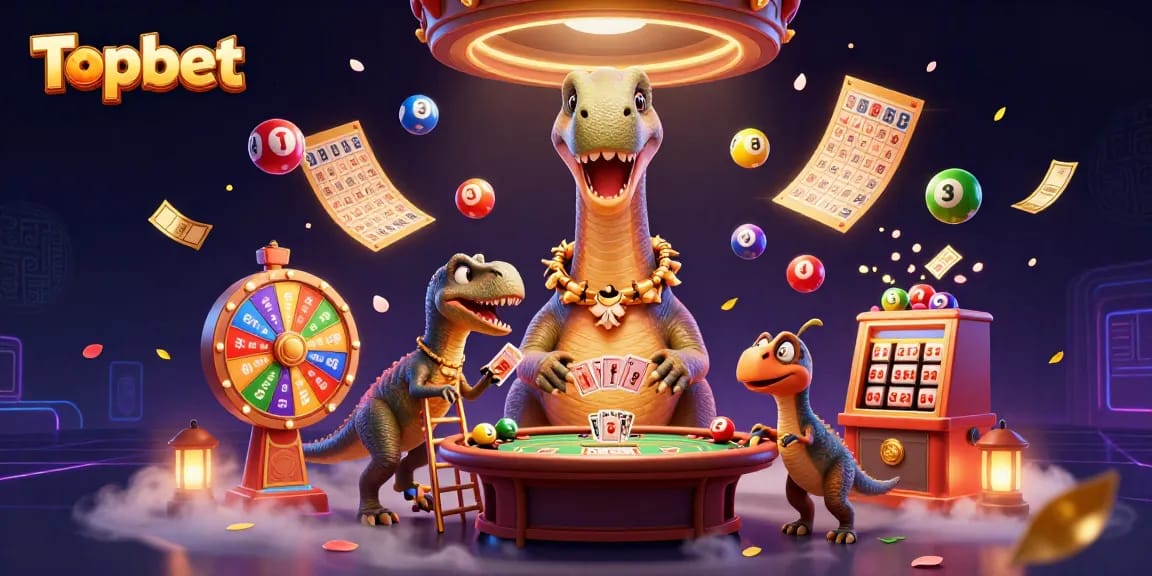 Topbet delights bettors with a vibrant casino scene featuring a brontosaurus and raptor engaging in gambling fun.