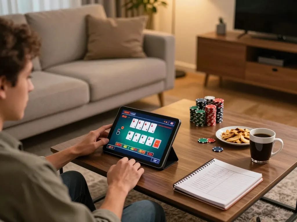Engaged player at home using KK55 for online poker gaming strategy.