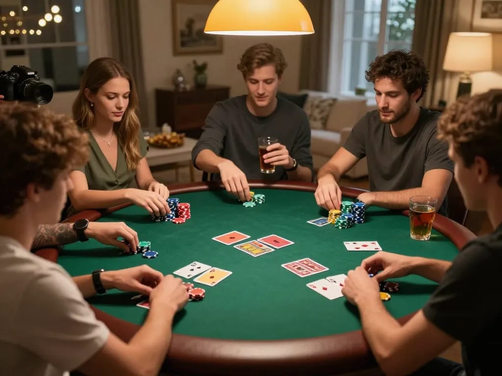 cm88 home poker night with friends and colorful chips creating a lively gaming atmosphere