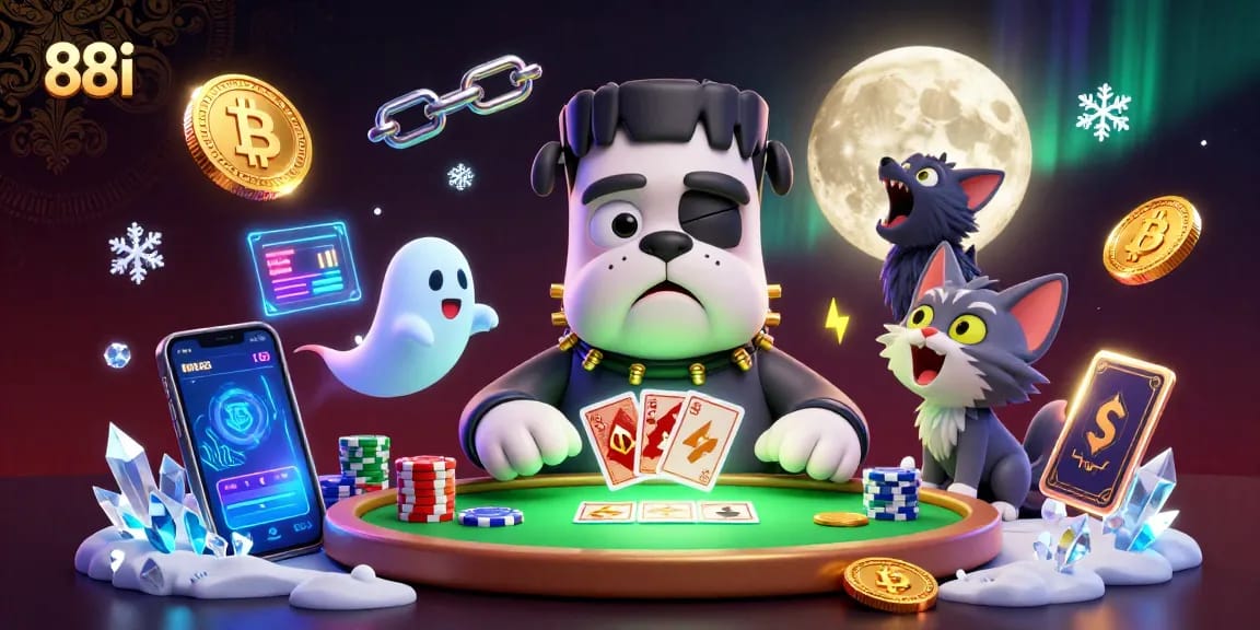 Experience thrilling 88i gaming excitement with a spooky casino scene featuring engaging characters and vibrant crypto elements.