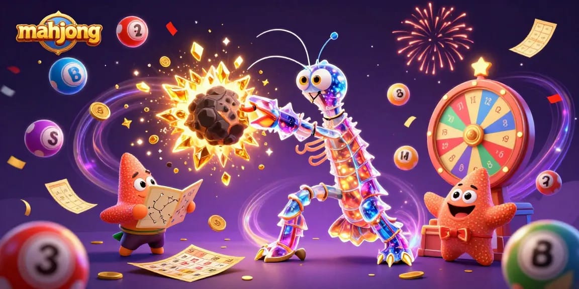 Engage with mahjong gameplay as a mantis shrimp unleashes gold on a vibrant casino scene.