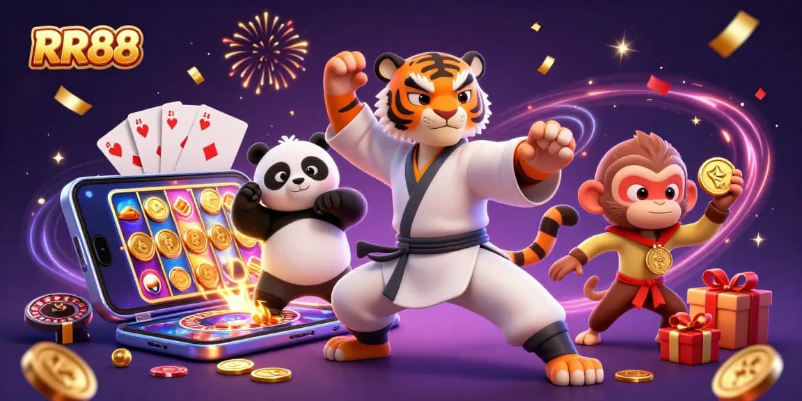 RR88 players engage with a vibrant 3D casino scene filled with slot games and festive elements.