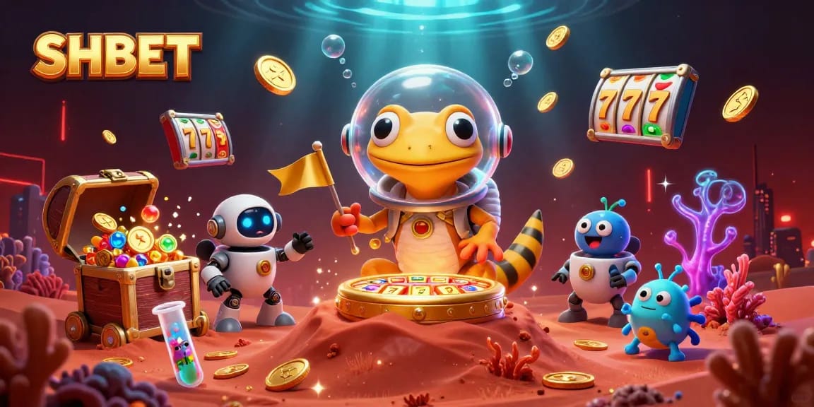 Experience SHBET's exciting golden casino adventure with a Martian gecko and 3D elements.