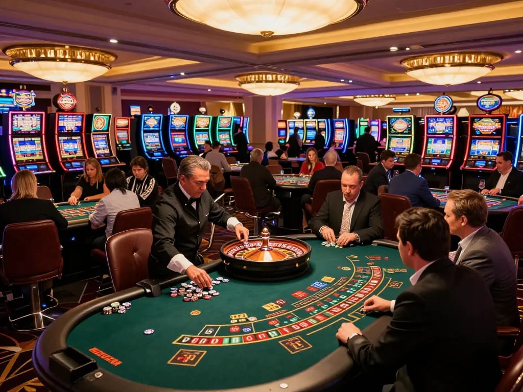 KK55 players engaging in an exciting roulette game on a dynamic Las Vegas casino floor