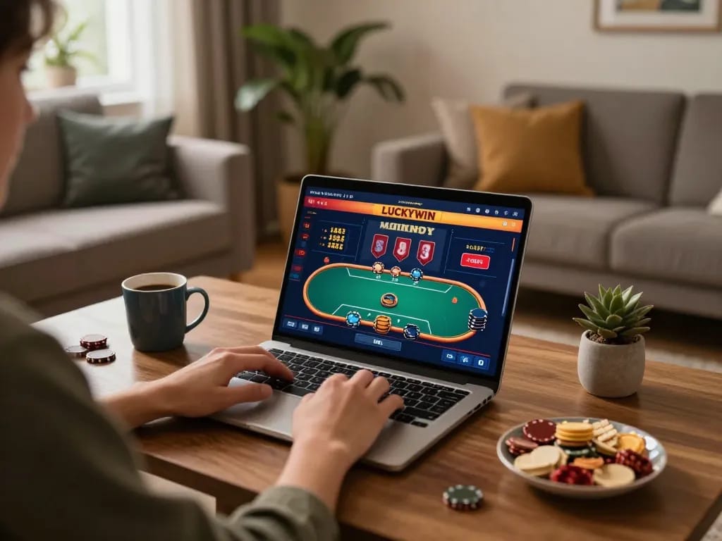 Players enjoying LUCKYWIN online casino gaming with a cozy setup and engaging atmosphere.