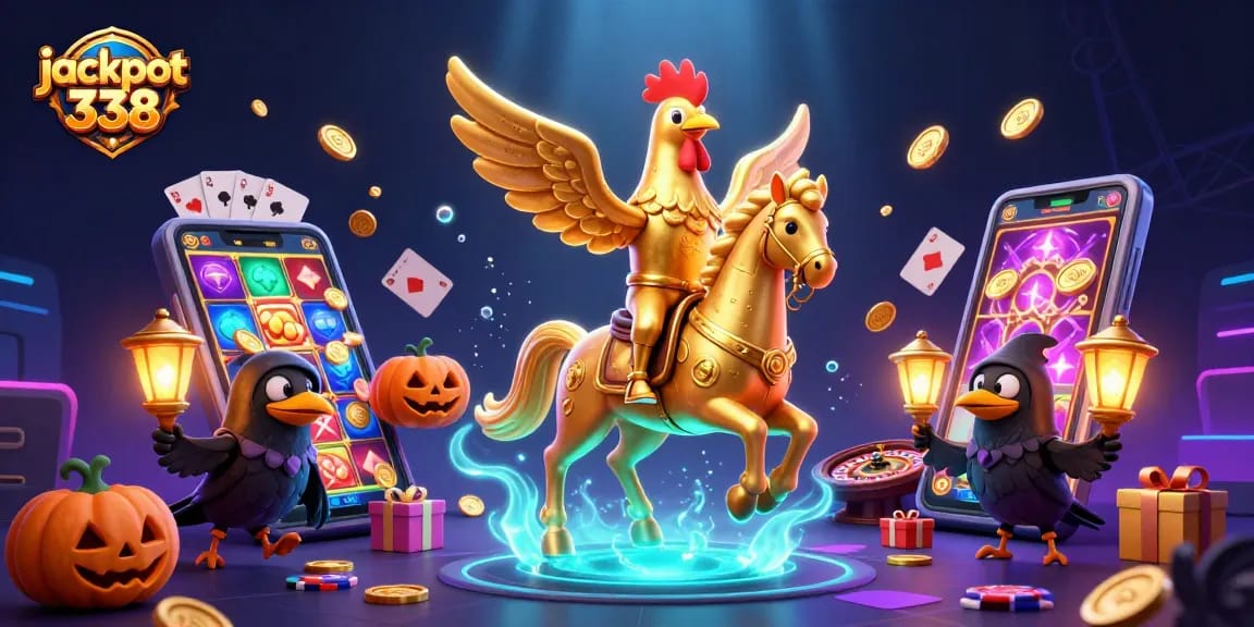 Engage with jackpot 338 in a vibrant 3D casino scene filled with golden coins and slot reels.
