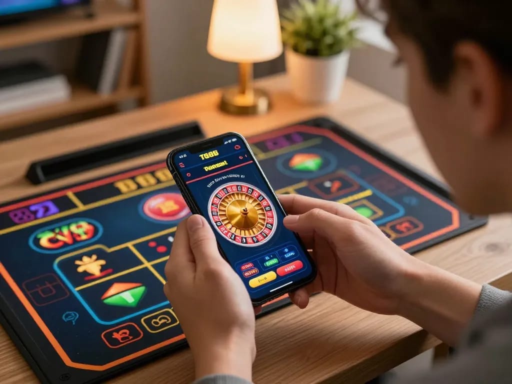 Engaging gameplay on TG88 com mobile app, user placing bets on roulette from a cozy home setup.