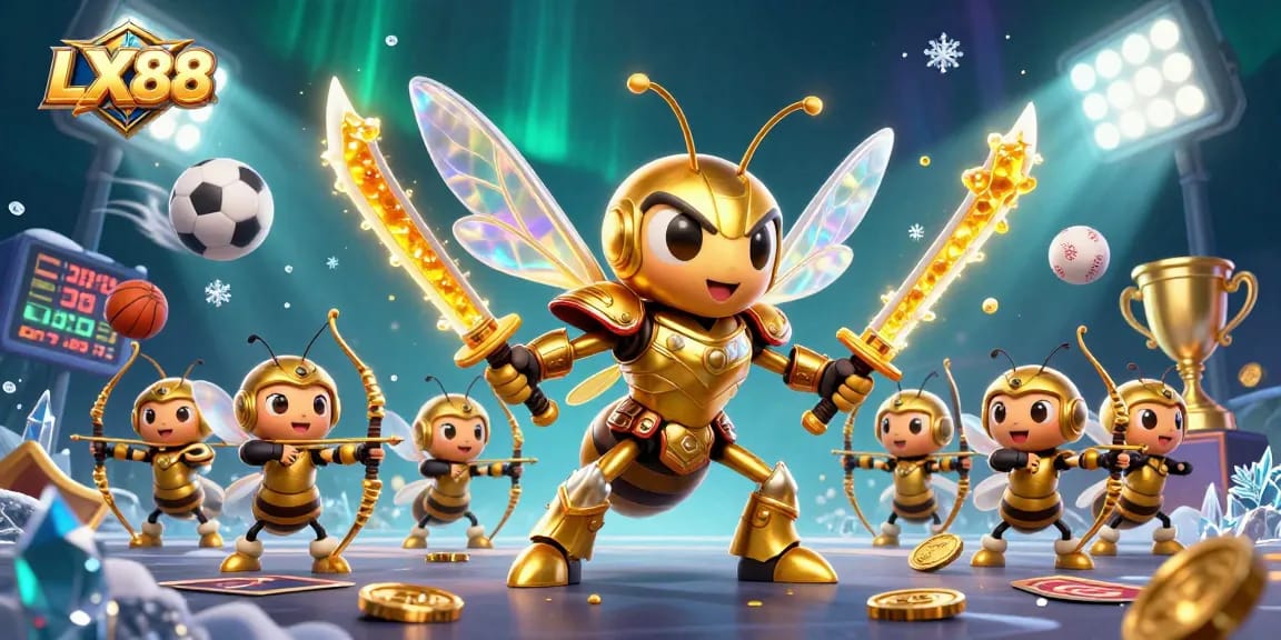 Bet on exciting games at LX88 with a vibrant 3D illustration of samurai hornets and sports elements.