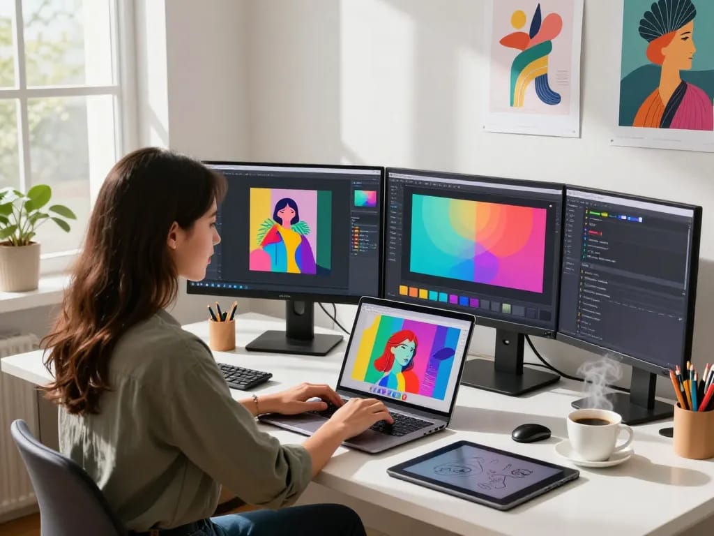 Designer utilizing Nano Banana 2 AI in a vibrant digital workspace, generating creative images.