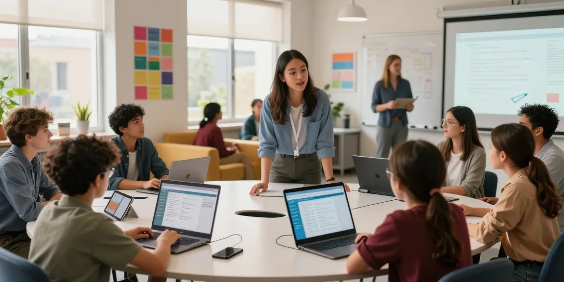 Innovative classroom scene with teachers using EMStudio's online teacher planner for lesson planning and classroom management.