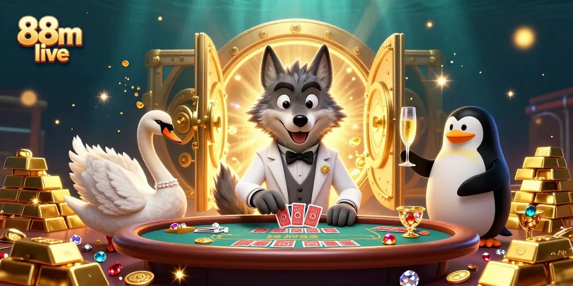 Experience exciting gameplay at 88m live with a debonair wolf and elegant swan at a baccarat table