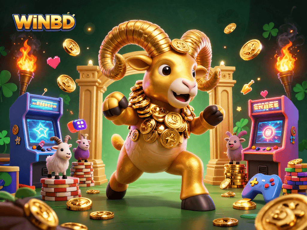 Engage in thrilling gameplay at WINBD with a massive golden ram charging through a vibrant casino scene.