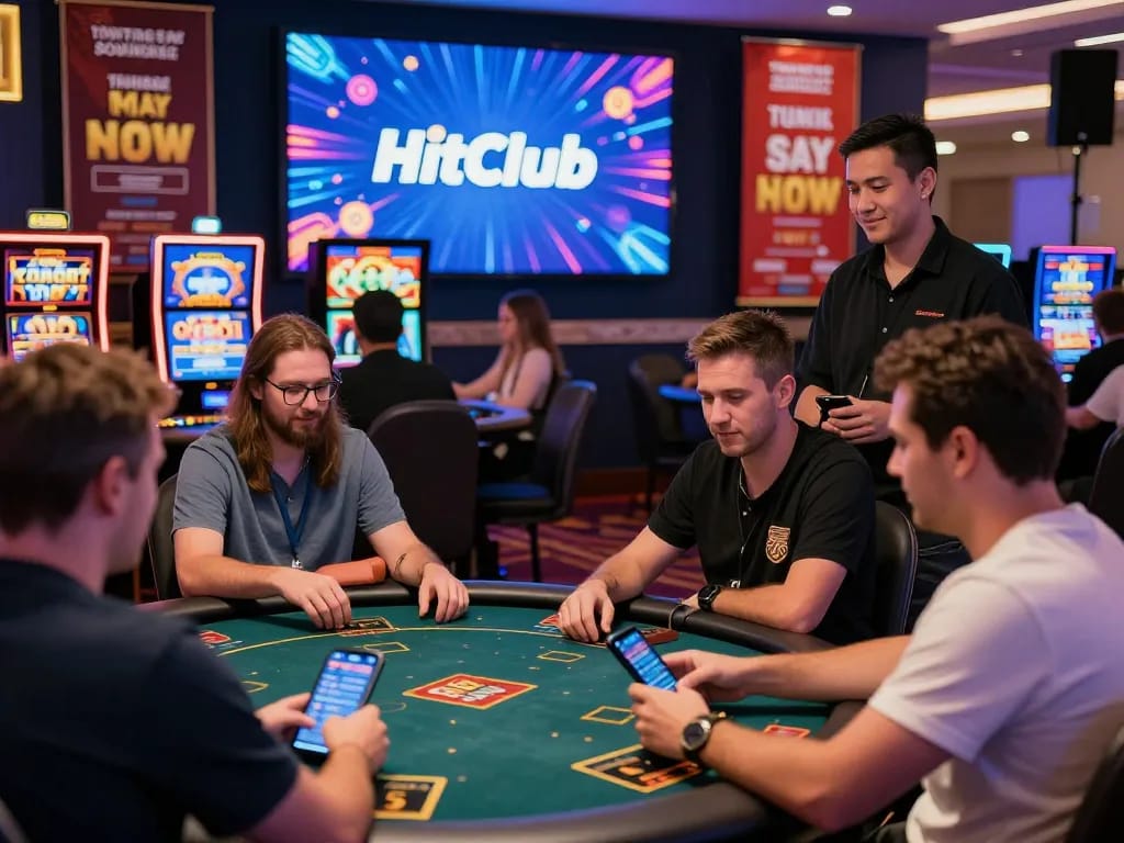 Players downloading tải hitclub app while enjoying casino games in a vibrant online gaming atmosphere