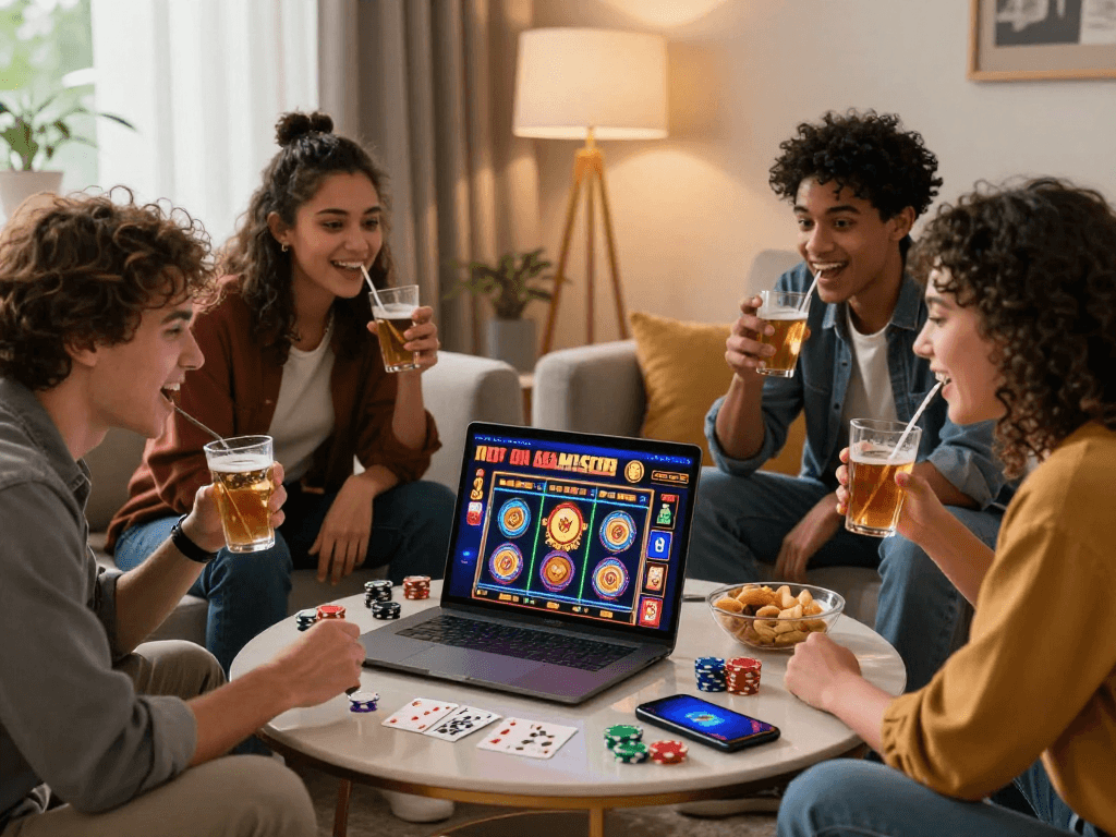 Friends enjoying gaming at a casino not on GamStop with vibrant screens and cozy atmosphere.