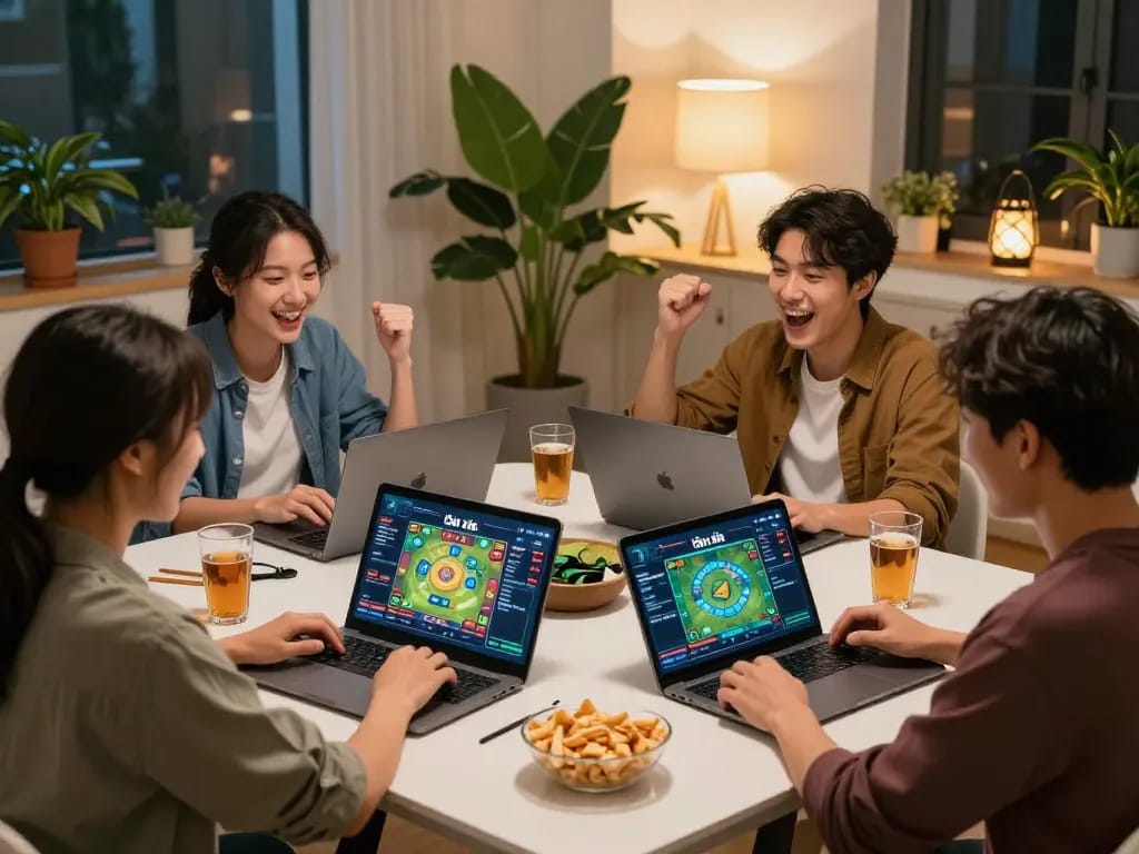 Players engaged in Game tài xỉu online together, celebrating wins in a cozy home setting.