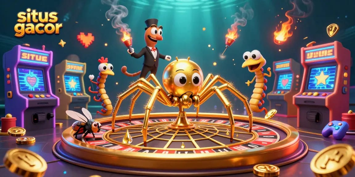 Spin the winnings at situs gacor with an illustrated roulette web and playful characters.