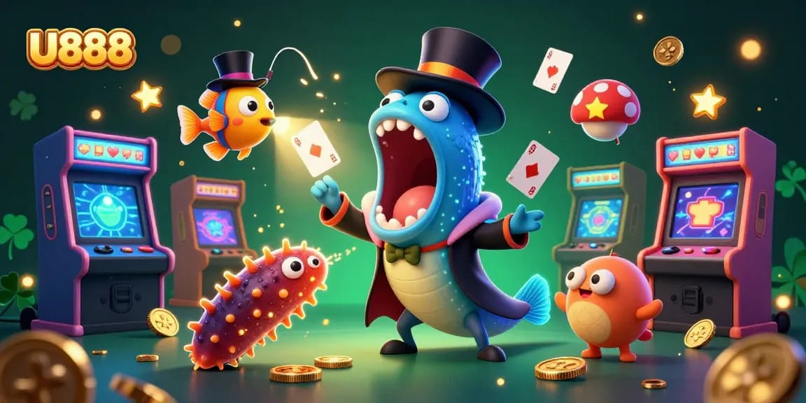 Engage with U888’s vibrant casino world as a cartoon eel performs magic tricks amidst neon game elements.