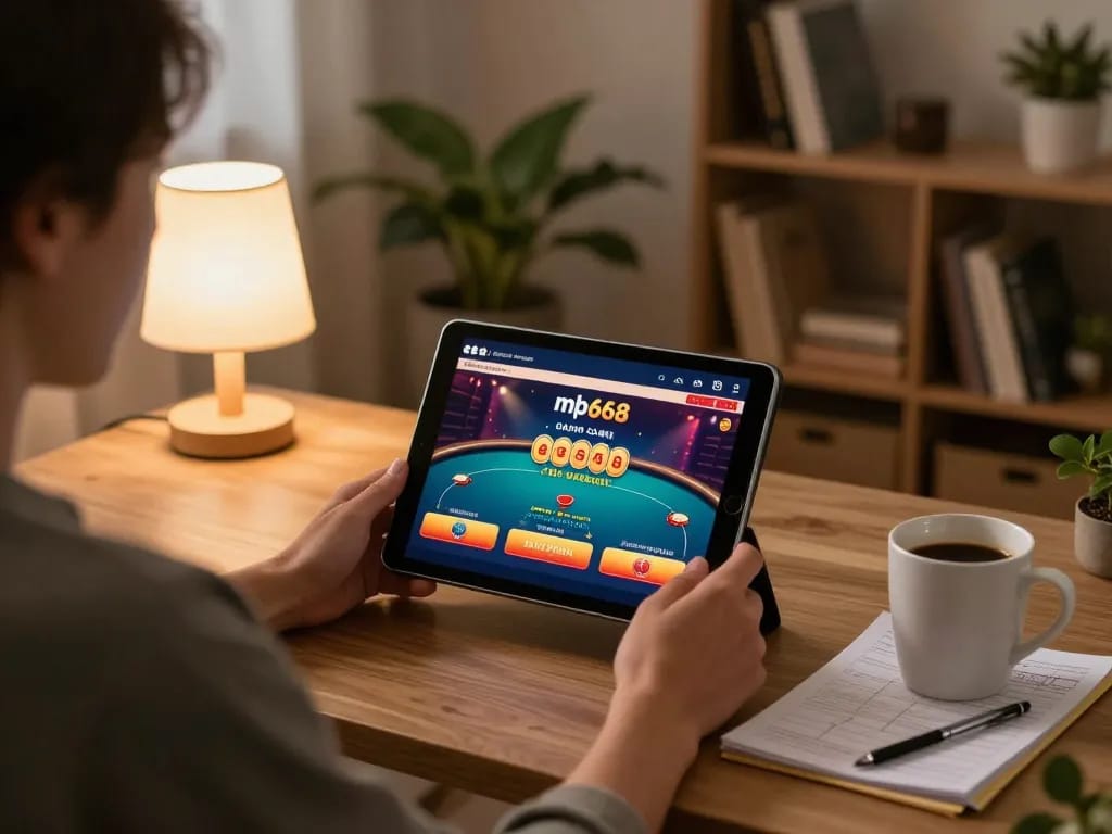 Player engaging with the mb668 online casino app on a tablet in a cozy home setting.