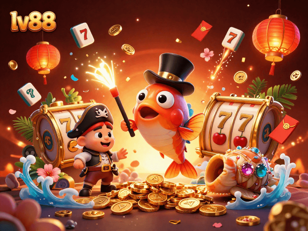 Win big with lv88 as the anglerfish, shrimp, and sea snail celebrate in a treasure-filled casino scene.