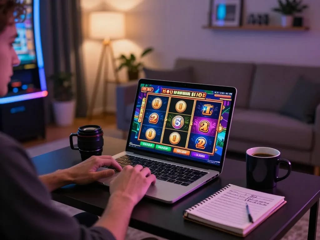 Player enjoying TR88SEO online slots in a cozy gaming setup at home.