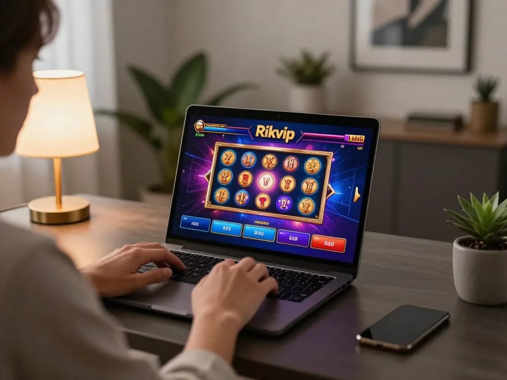 Engaging in online gaming at Rikvip with vibrant slots displayed on laptop