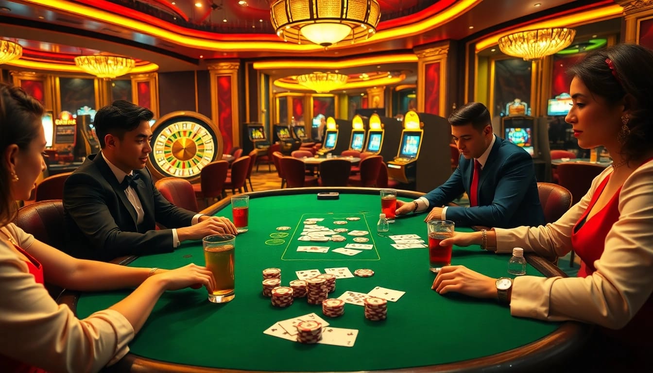 Experience the excitement of 13Win bet at a luxurious poker table with players and vibrant casino elements.