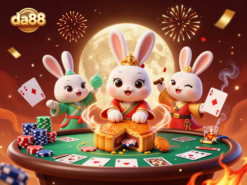 Experience thrilling wins at da88 with a casino rabbit character surrounded by poker chips and festive elements.