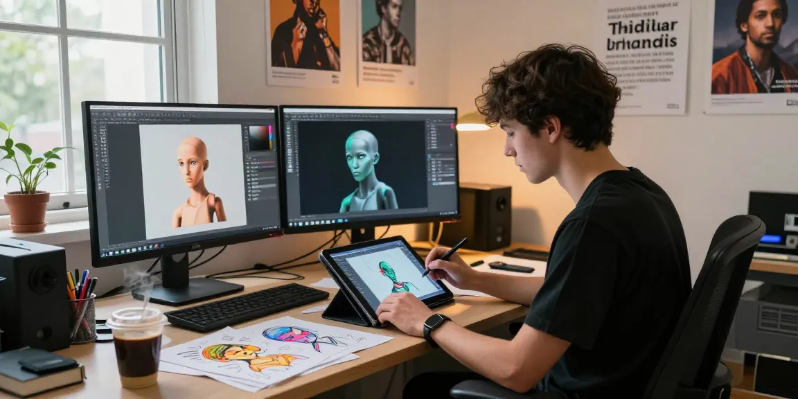 Creative workspace showcasing NSFW AI image generation with vibrant art materials and digital tools.