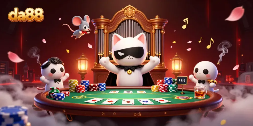 Experience thrilling gaming with da88 featuring a masked cat and acrobat in a vibrant casino scene.
