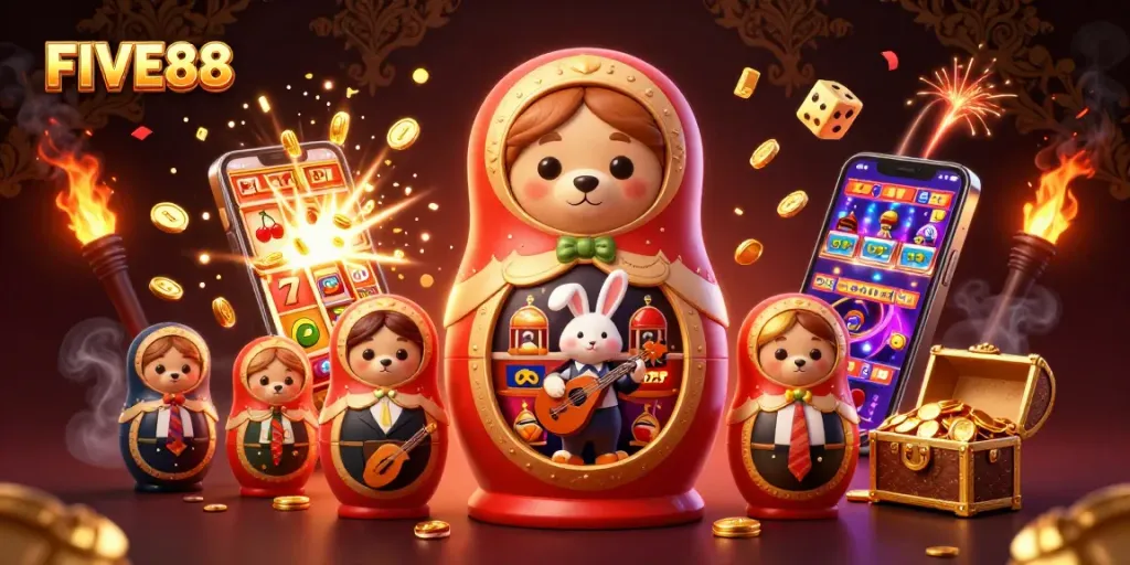 Experience the thrill of FIVE88 with vibrant casino elements and engaging characters.