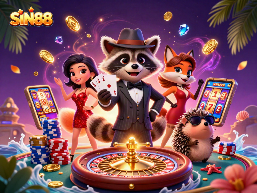 SIN88 captures the excitement of online gambling with a raccoon and friends enjoying a royal flush amidst gold coins and cheerful casino elements.