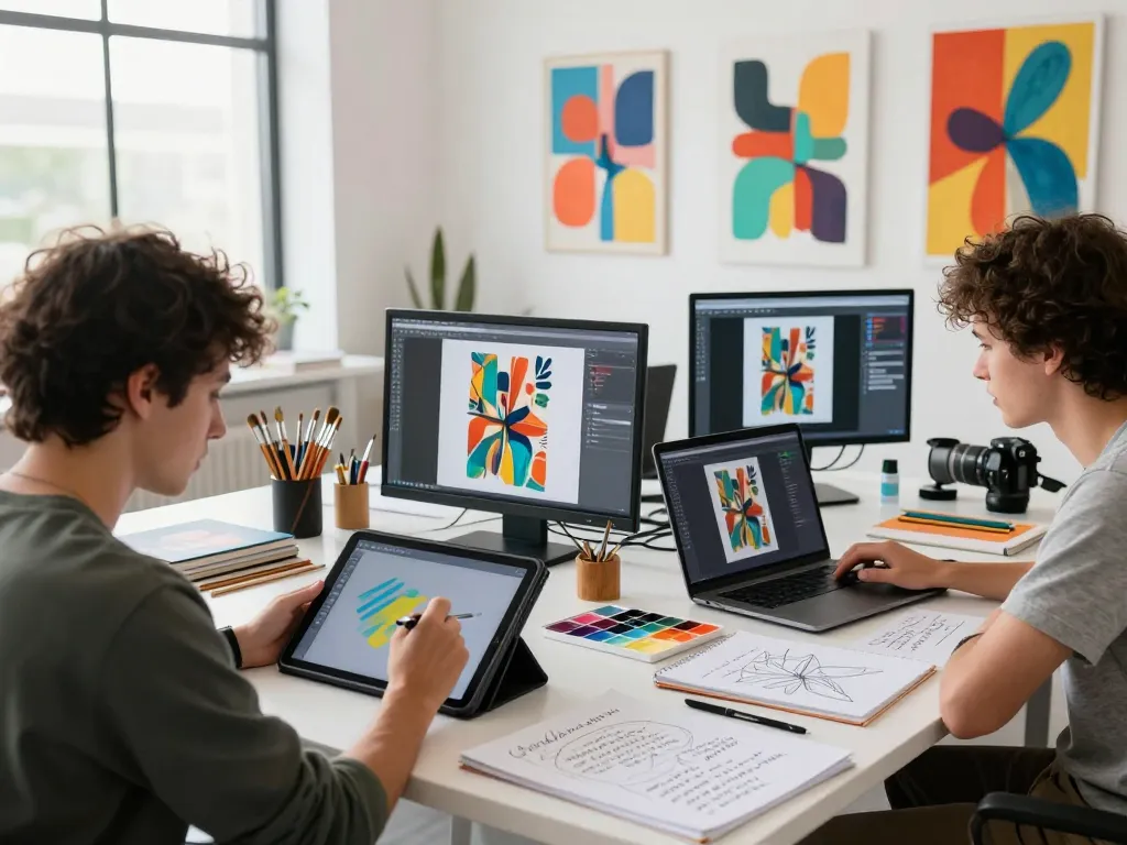 AI image prompt generator empowering artists in a modern studio.