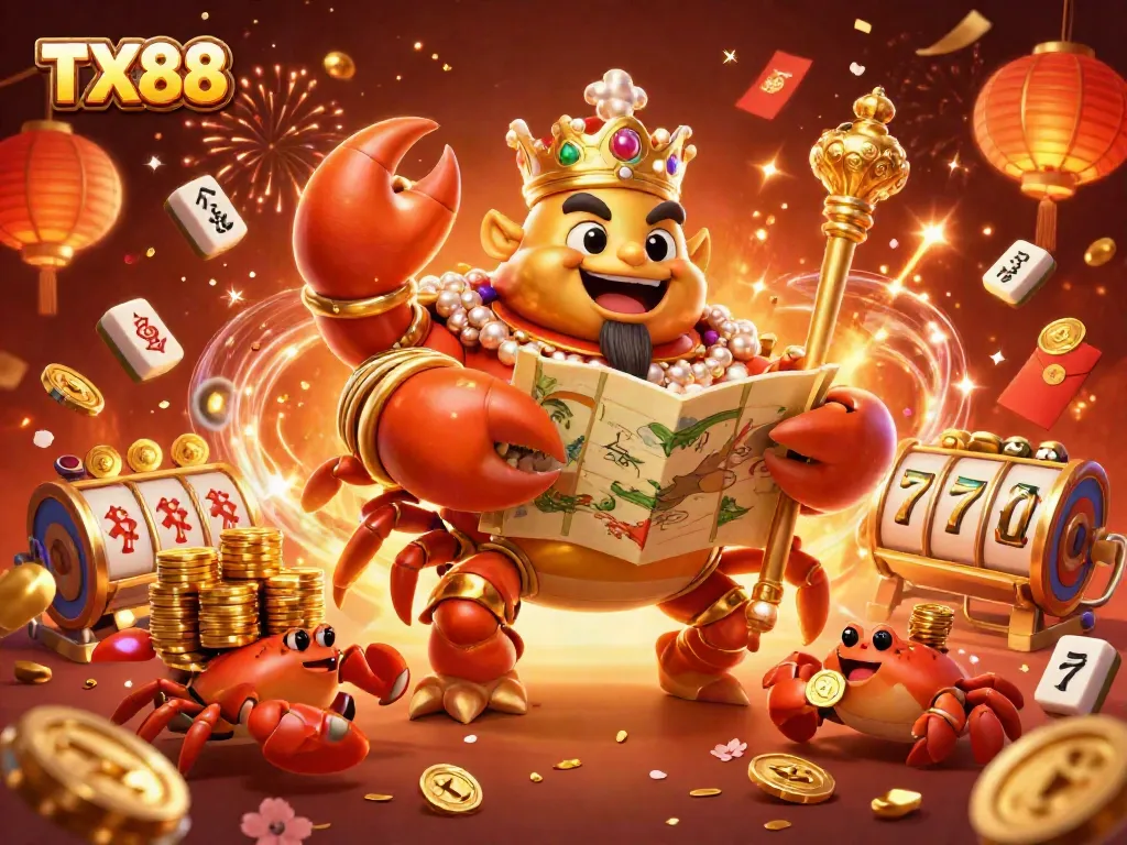 Experience excitement at TX88 with energetic 3D crab characters celebrating wins through vibrant casino games.