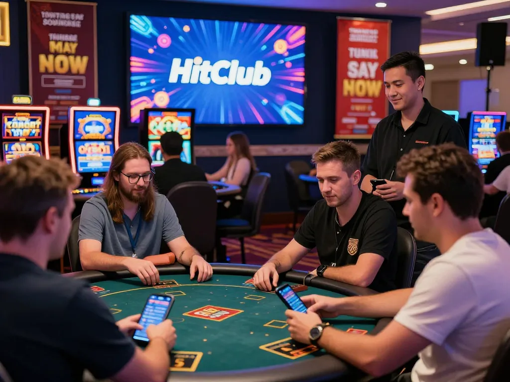 Players downloading tải hitclub app while enjoying casino games in a vibrant online gaming atmosphere