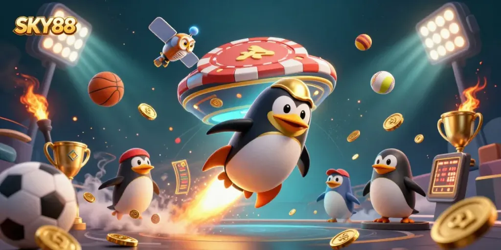 Experience the excitement of SKY88, where a golden penguin rockets toward a casino space station amidst dynamic sports elements.