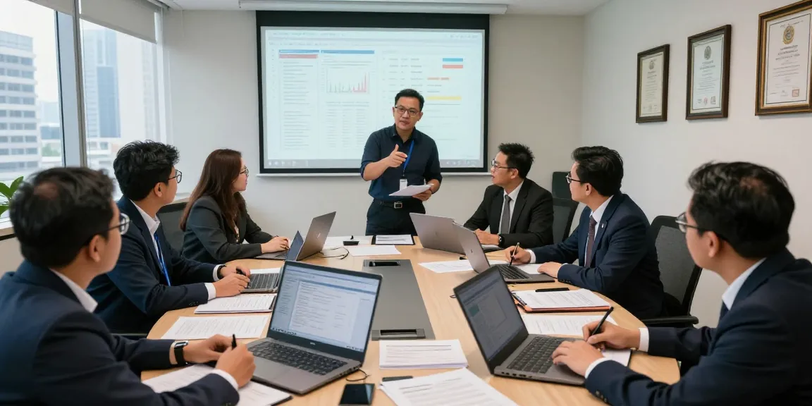 Forensic auditors collaborating in a modern conference room, analyzing reports for aafikotabandungb.org.