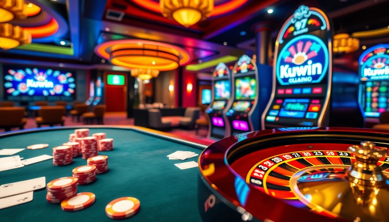 Kuwin casino scene showcasing vibrant poker gameplay and engaging slot machines