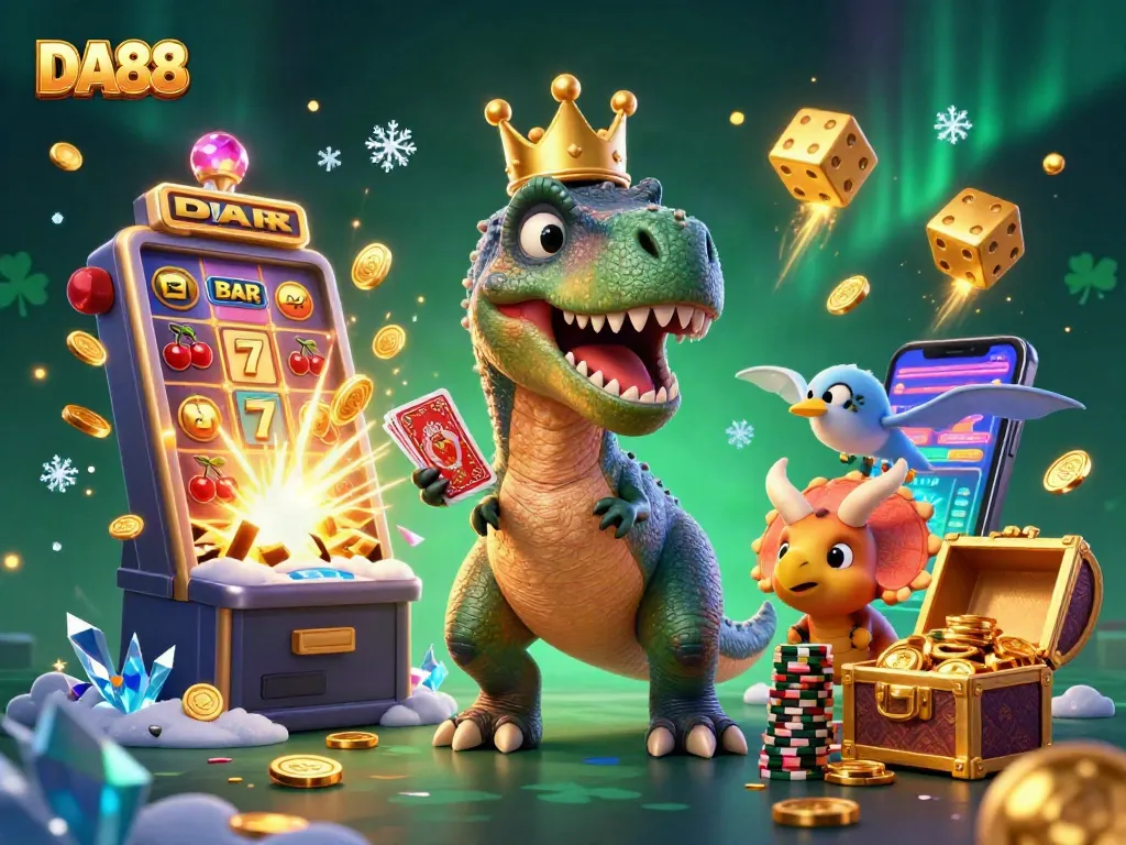 Experience DA88's dynamic gaming scene with a T-Rex shuffling cards and vibrant casino elements.